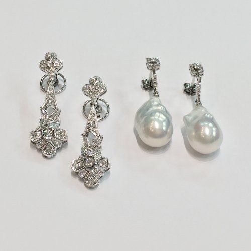 Pendientes de novia de oro blanco, diamantes y perlas